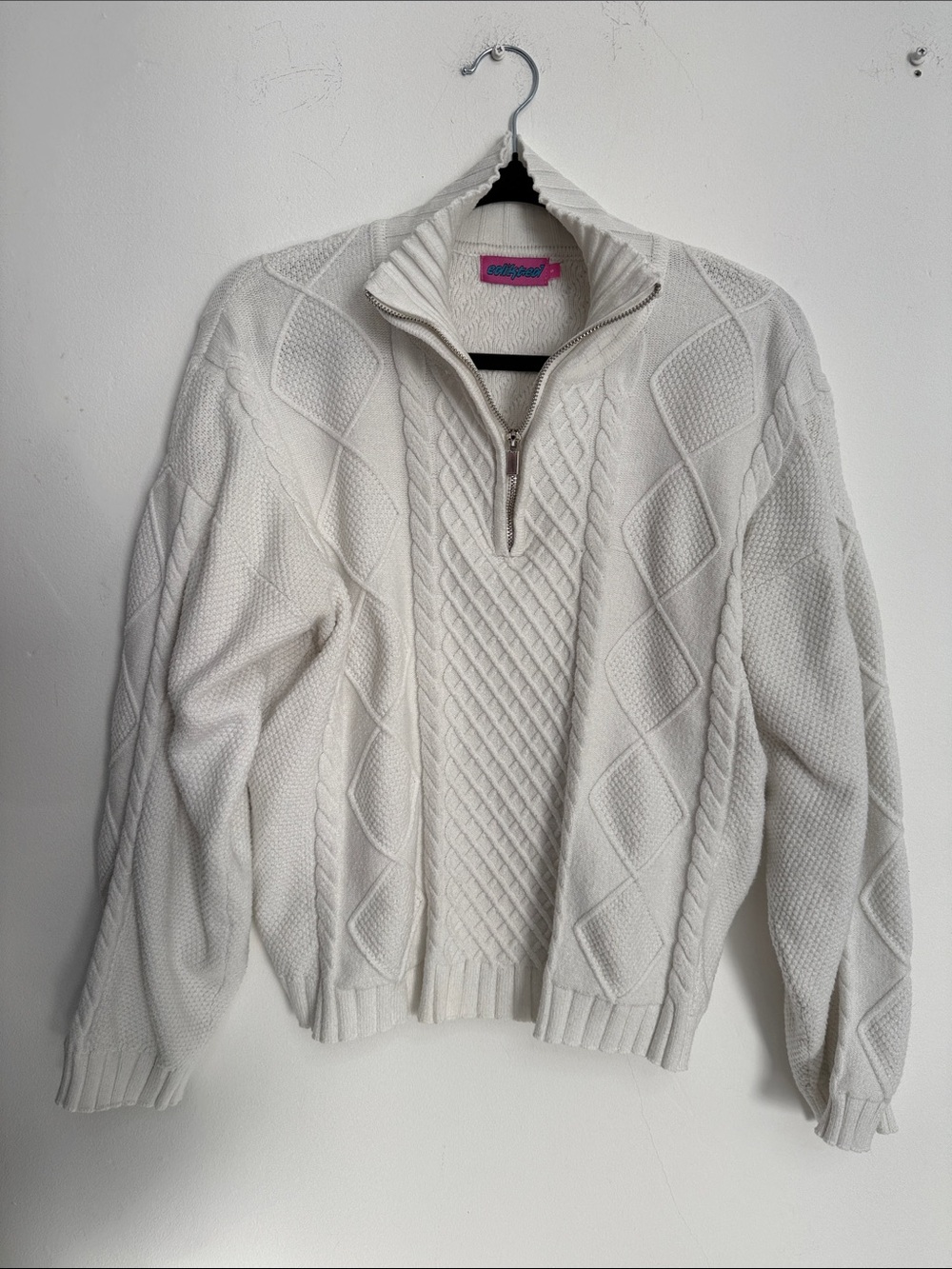 Women's white/ivory Cable Knit Half-Zip Turtleneck Sweater